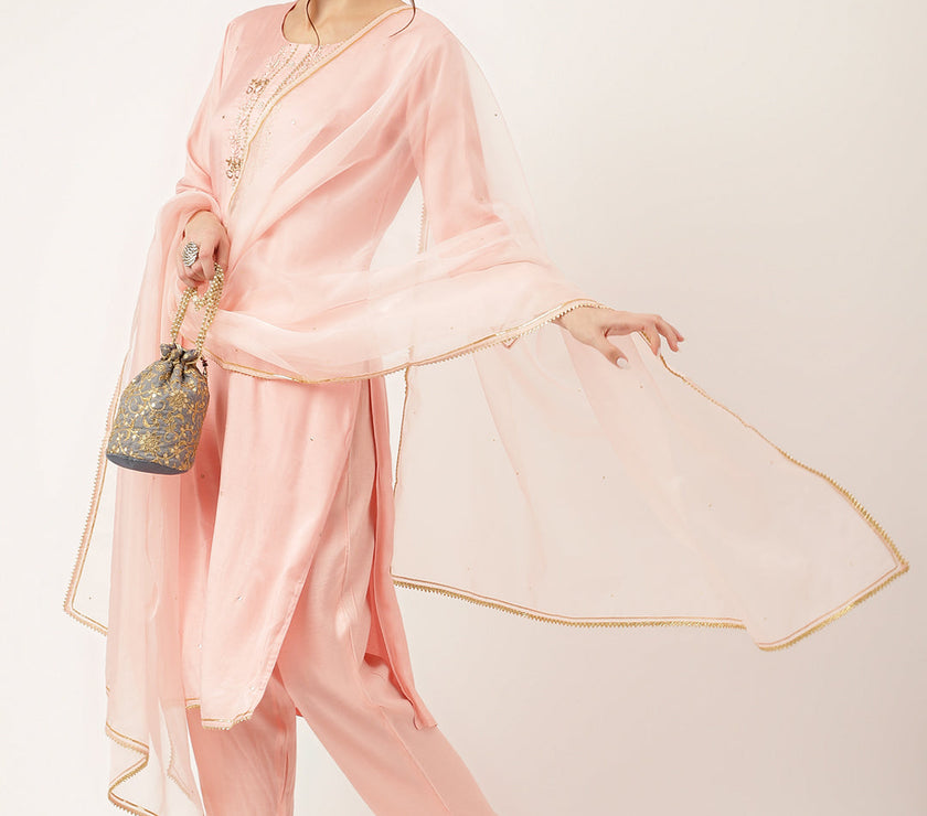 Divena Baby Pink Embroidered Chanderi  Kurta, Trouser With Dupatta