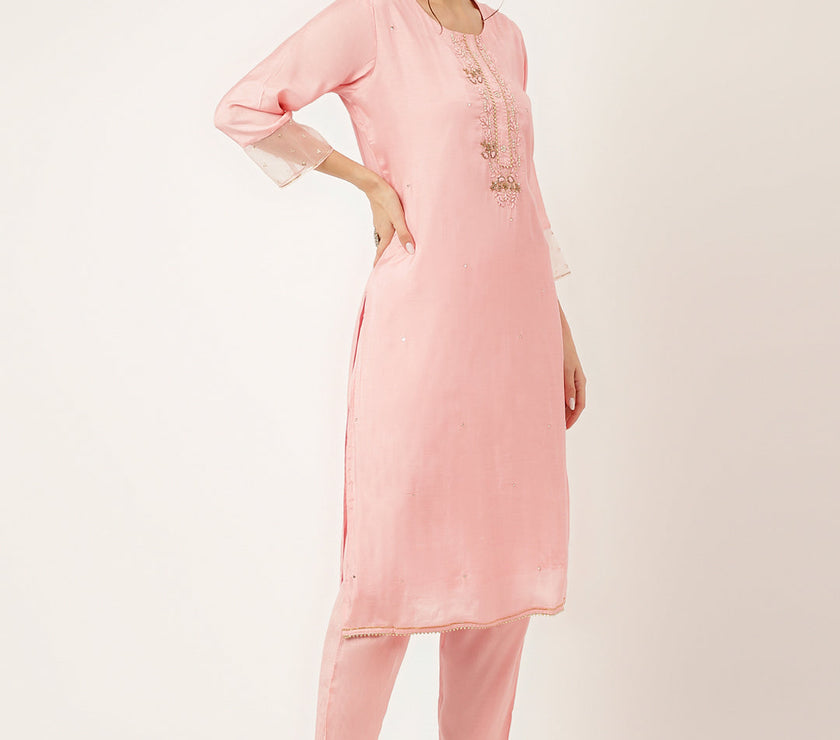 Divena Baby Pink Embroidered Chanderi  Kurta, Trouser With Dupatta