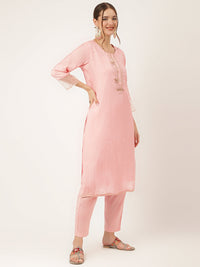 Divena Baby Pink Embroidered Chanderi  Kurta, Trouser With Dupatta