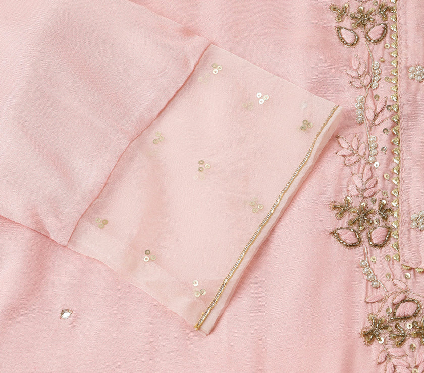 Divena Baby Pink Embroidered Chanderi  Kurta, Trouser With Dupatta