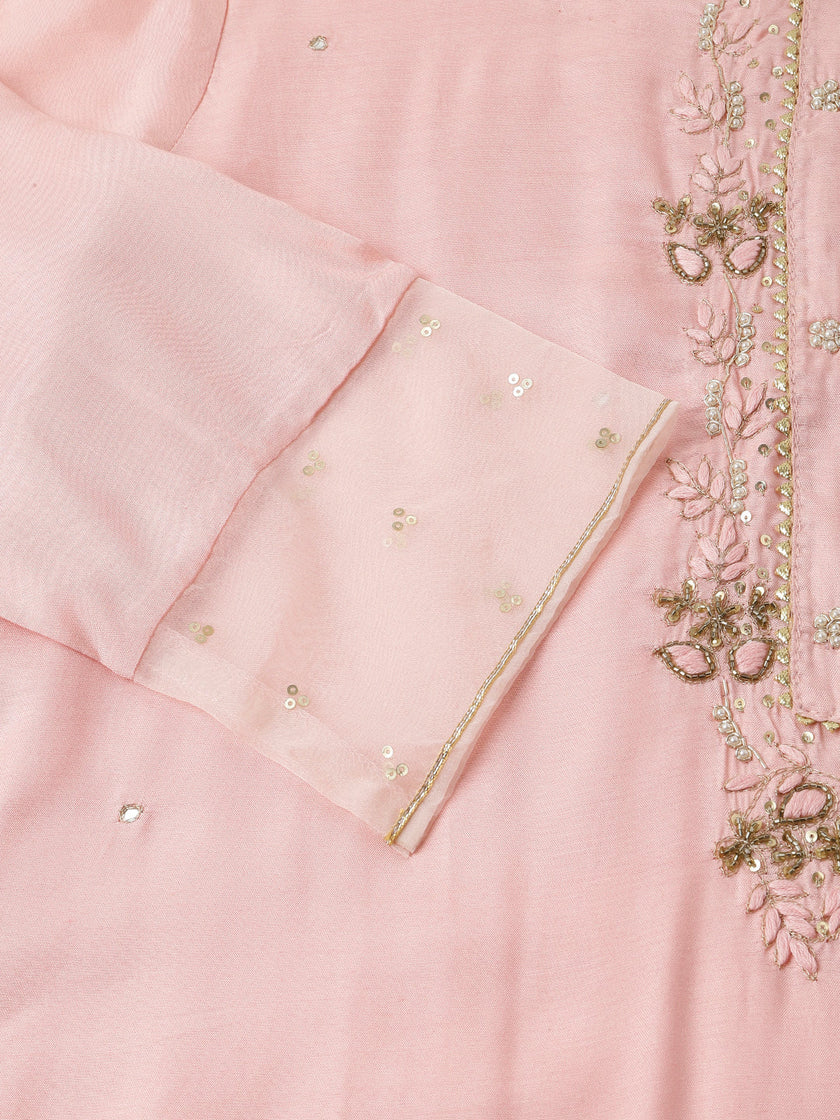 Divena Baby Pink Embroidered Chanderi  Kurta, Trouser With Dupatta