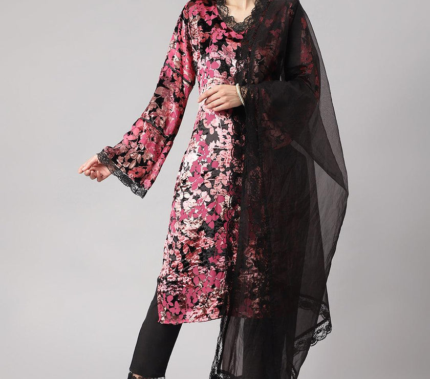 Divena Pink Burn out Velvat Kurta Haram Pant with Organza Dupatta - divena world