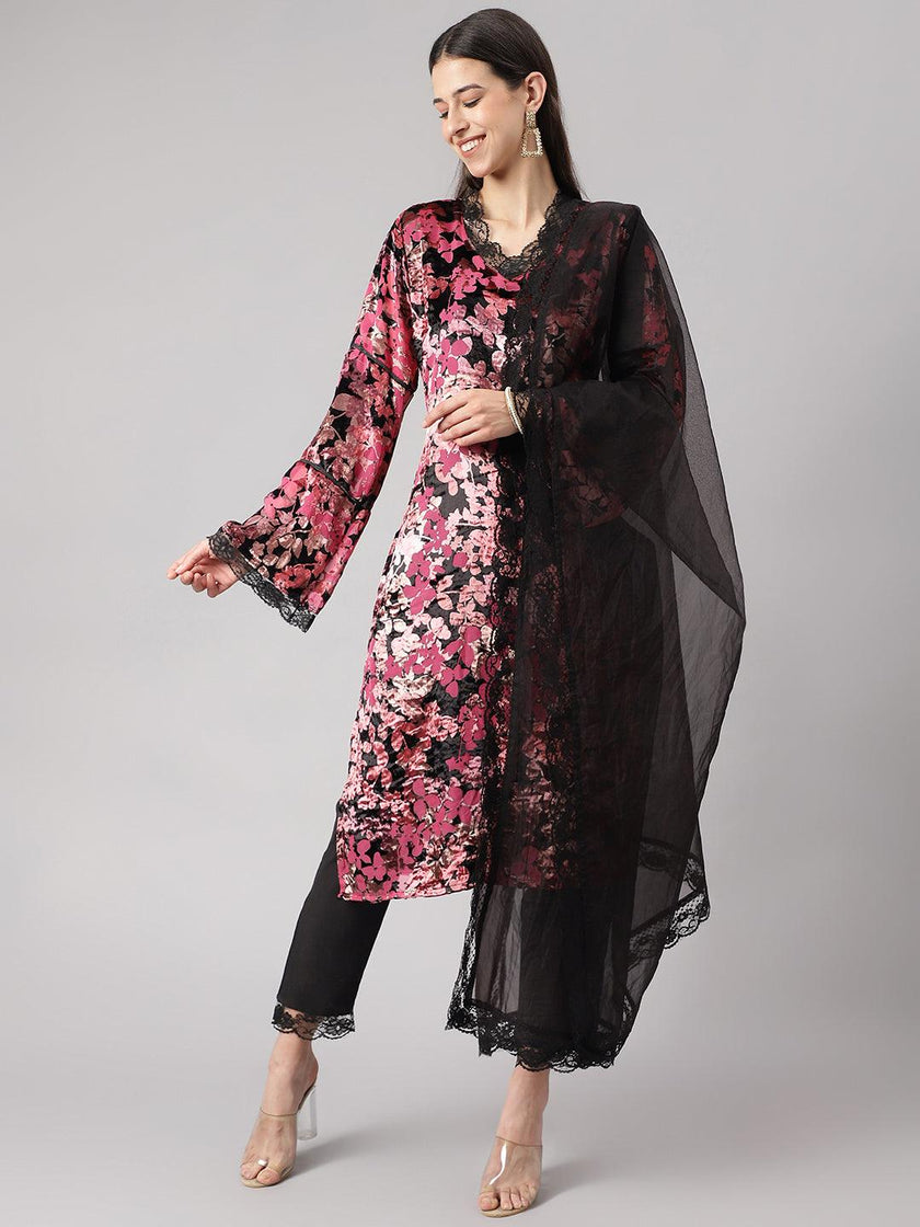 Divena Pink Burn out Velvat Kurta Haram Pant with Organza Dupatta - divena world