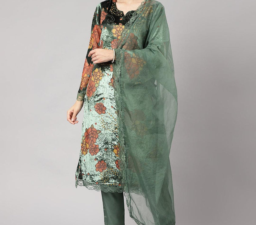 Divena Green Burn out Velvat Kurta Haram Pant with Organza Dupatta - divena world