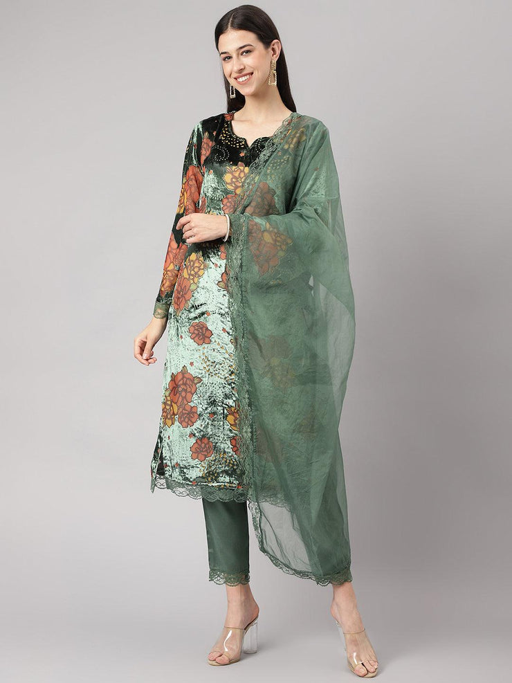 Divena Green Burn out Velvet Kurta Harem Pant with Organza Dupatta - divena world