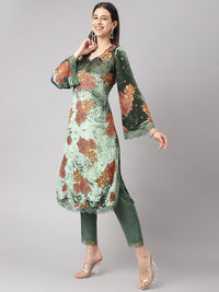 Divena Green Burn out Velvet Kurta Harem Pant with Organza Dupatta - divena world