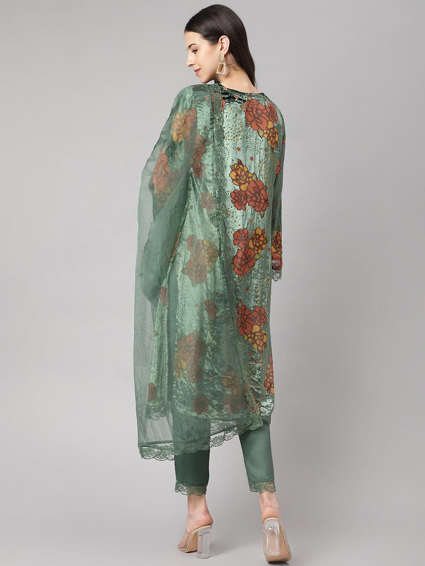 Divena Green Burn out Velvet Kurta Harem Pant with Organza Dupatta - divena world