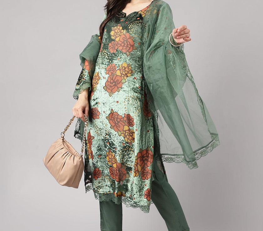 Divena Green Burn out Velvat Kurta Haram Pant with Organza Dupatta - divena world