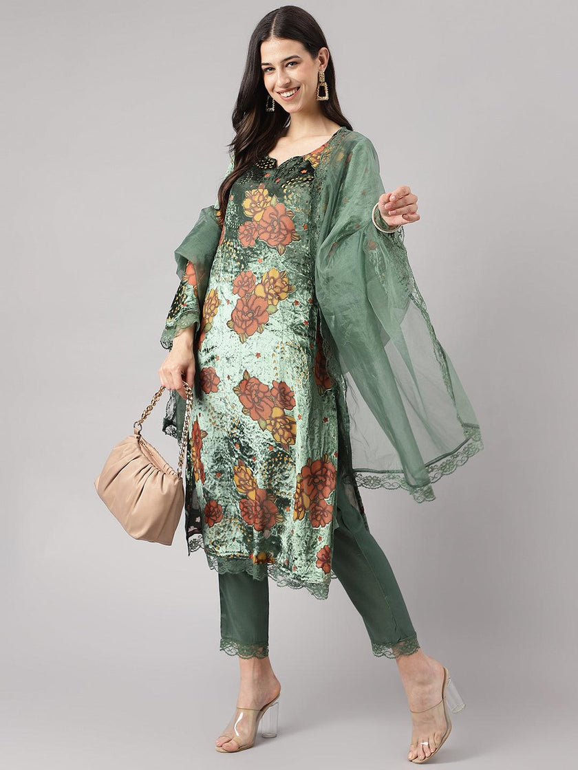 Divena Green Burn out Velvet Kurta Harem Pant with Organza Dupatta - divena world