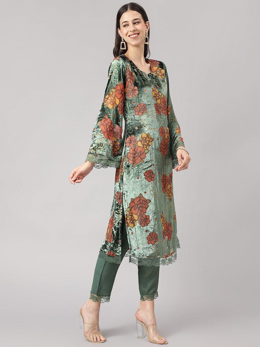 Divena Green Burn out Velvet Kurta Harem Pant with Organza Dupatta - divena world