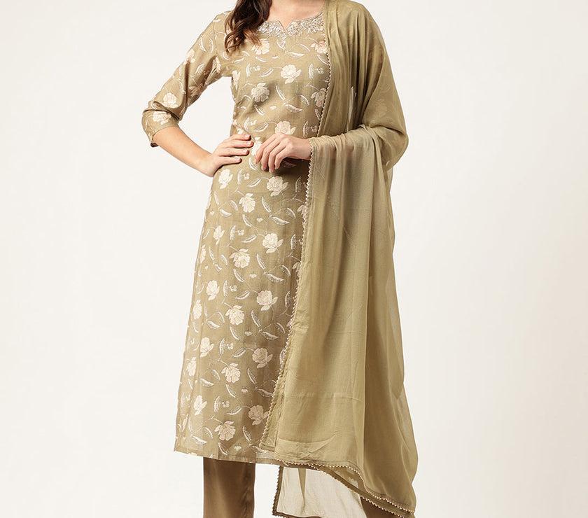 Divena Olive Embroidered Cotton Kurta Trouser with Dupatta Set