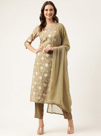 Divena Olive Embroidered Cotton Kurta Trouser with Dupatta Set