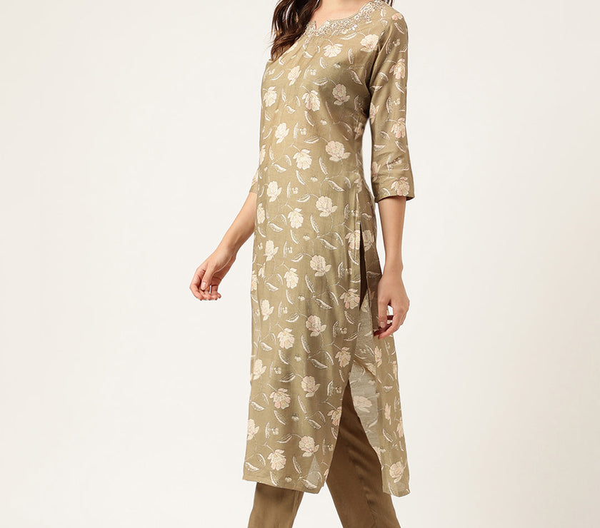 Divena Olive Embroidered Cotton Kurta Trouser with Dupatta Set