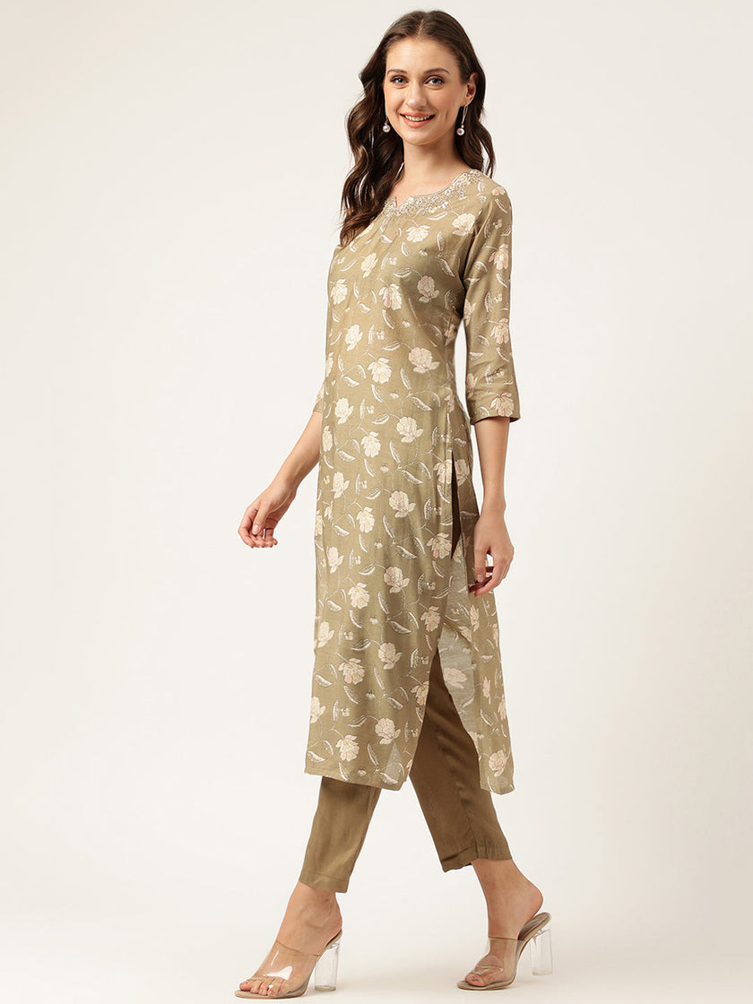 Divena Olive Embroidered Cotton Kurta Trouser with Dupatta Set