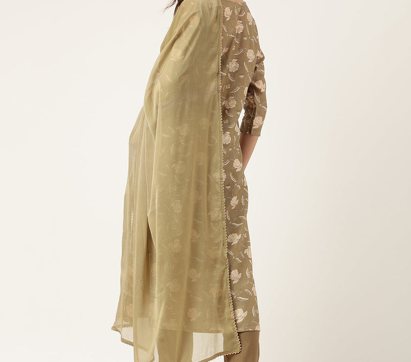 Divena Olive Embroidered Cotton Kurta Trouser with Dupatta Set