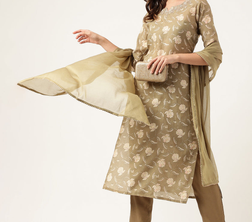 Divena Olive Embroidered Cotton Kurta Trouser with Dupatta Set