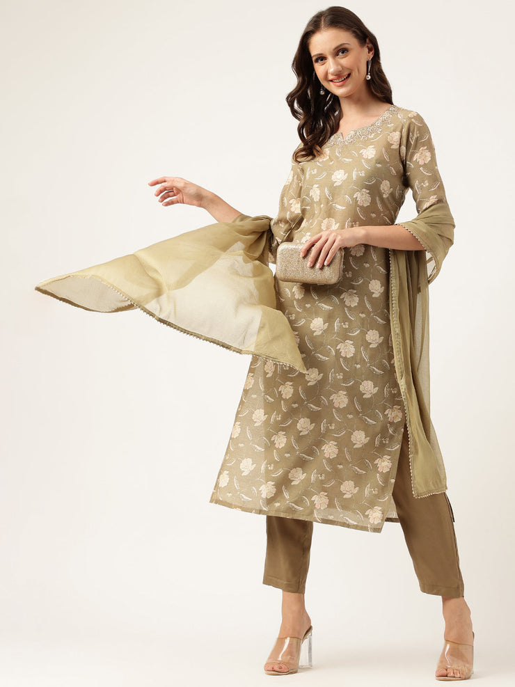 Divena Olive Embroidered Cotton Kurta Trouser with Dupatta Set