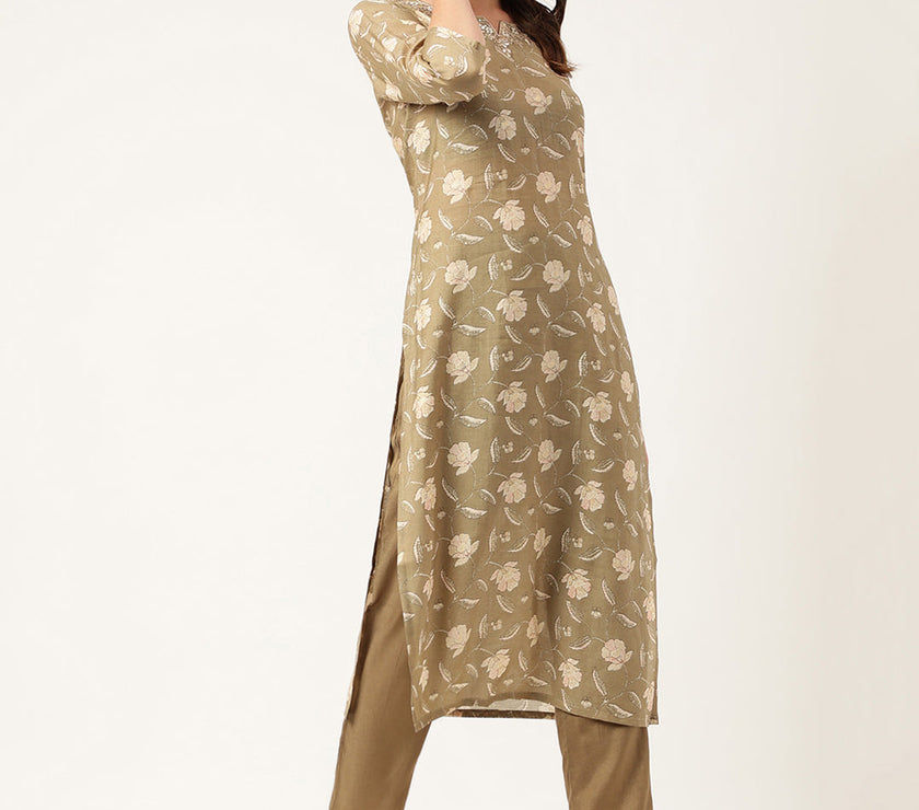 Divena Olive Embroidered Cotton Kurta Trouser with Dupatta Set