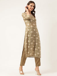 Divena Olive Embroidered Cotton Kurta Trouser with Dupatta Set