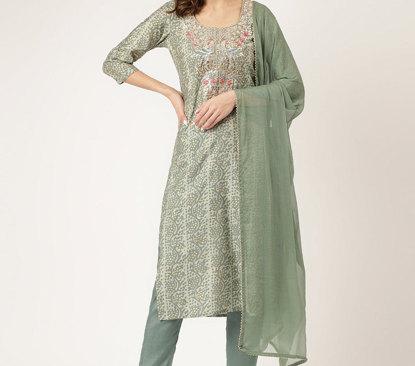 Divena Green Floral Print Chanderi Kurta, Trouser With Dupatta