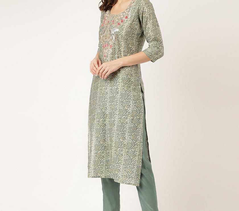 Divena Green Floral Print Chanderi Kurta, Trouser With Dupatta