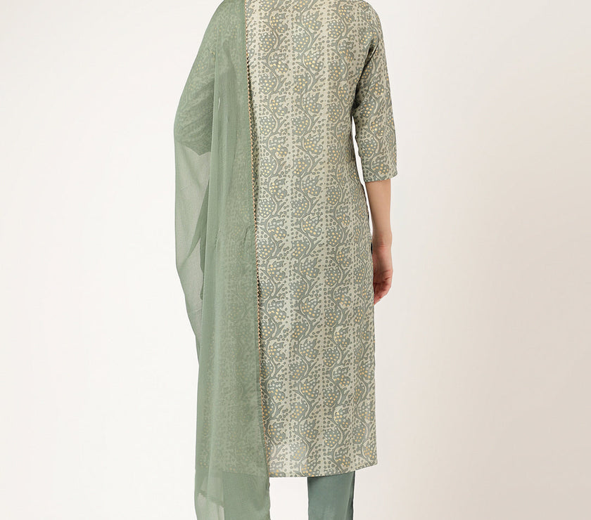 Divena Green Floral Print Chanderi Kurta, Trouser With Dupatta