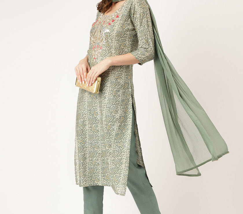 Divena Green Floral Print Chanderi Kurta, Trouser With Dupatta