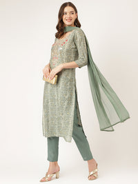 Divena Green Floral Print Chanderi Kurta, Trouser With Dupatta