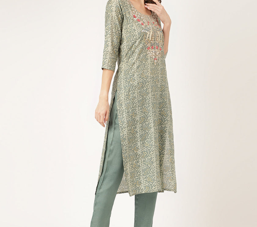 Divena Green Floral Print Chanderi Kurta, Trouser With Dupatta