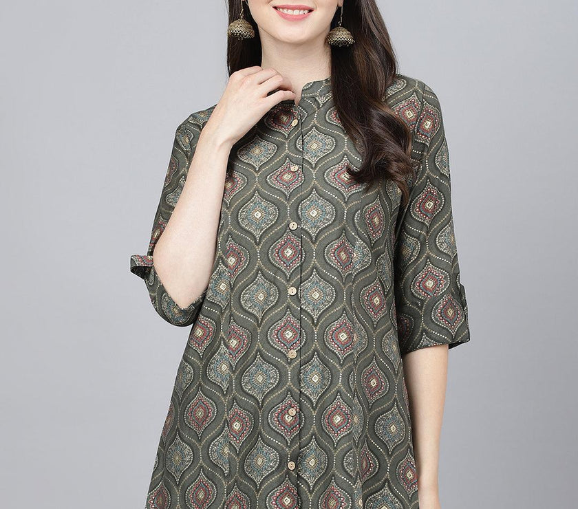 Divena Gray Motif Printed Modal A-Line Shirts Style Top - divena world