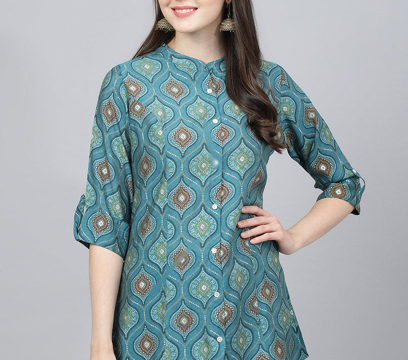 Divena Teal Blue Motif Printed Modal A-Line Shirts Style Top - divena world