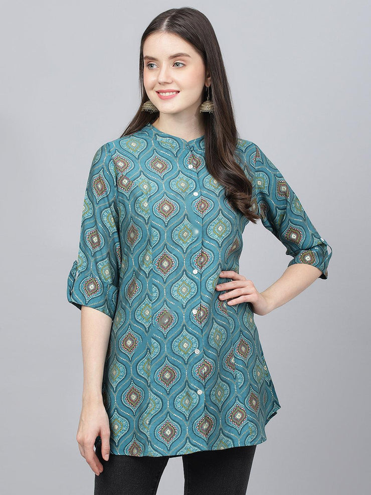 Divena Teal Blue Motif Printed Modal A-Line Shirts Style Top - divena world