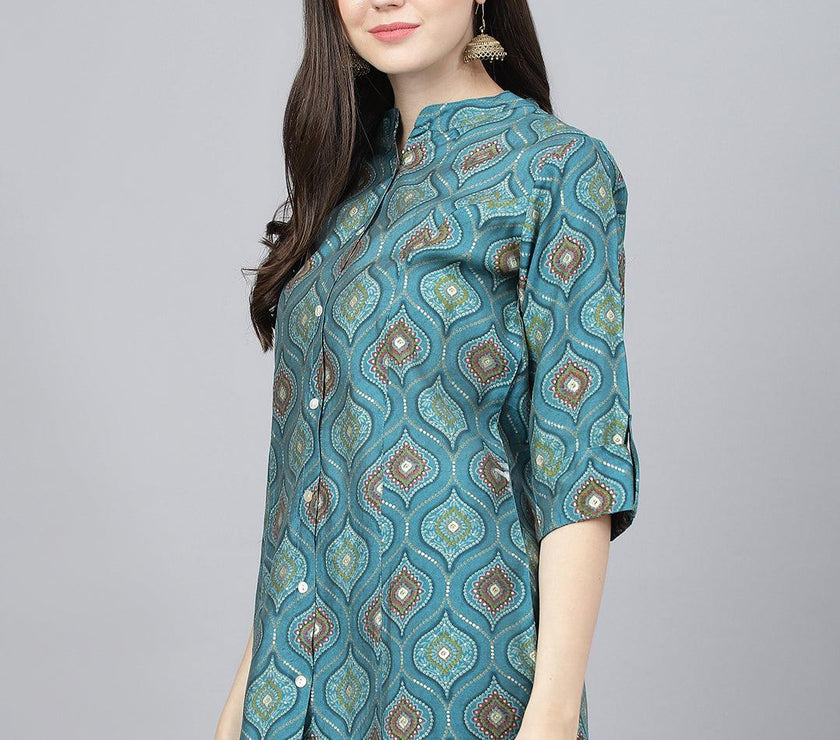 Divena Teal Blue Motif Printed Modal A-Line Shirts Style Top - divena world