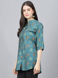 Divena Teal Blue Motif Printed Modal A-Line Shirts Style Top - divena world