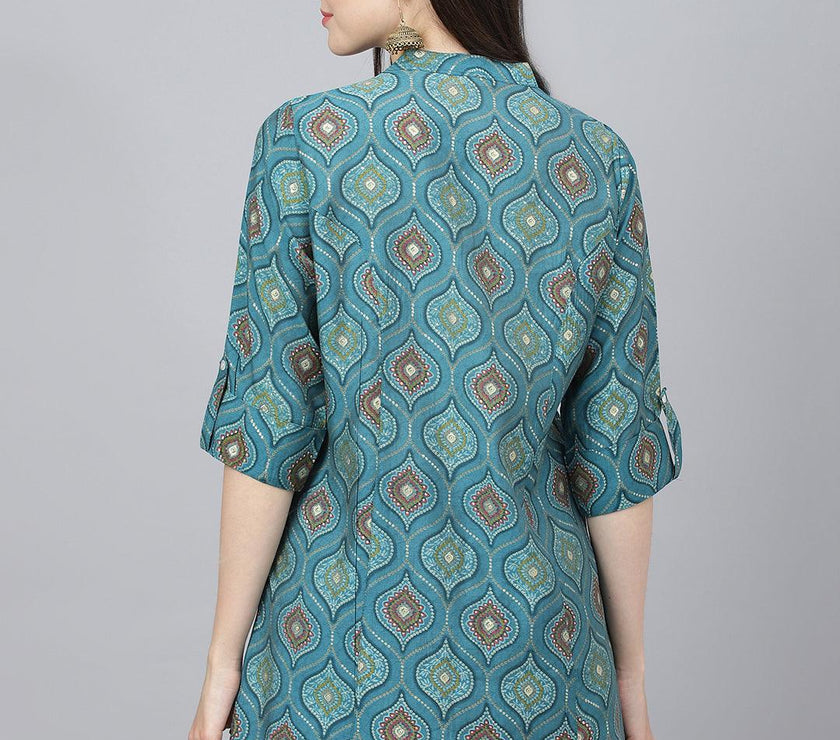 Divena Teal Blue Motif Printed Modal A-Line Shirts Style Top - divena world