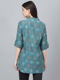 Divena Teal Blue Motif Printed Modal A-Line Shirts Style Top - divena world