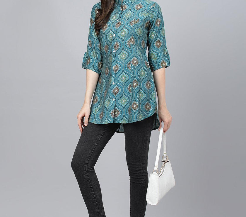 Divena Teal Blue Motif Printed Modal A-Line Shirts Style Top - divena world