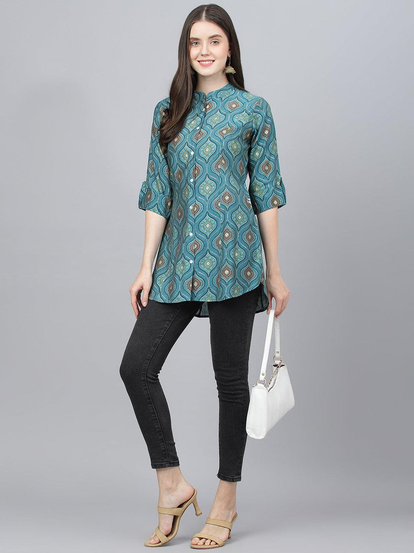 Divena Teal Blue Motif Printed Modal A-Line Shirts Style Top - divena world