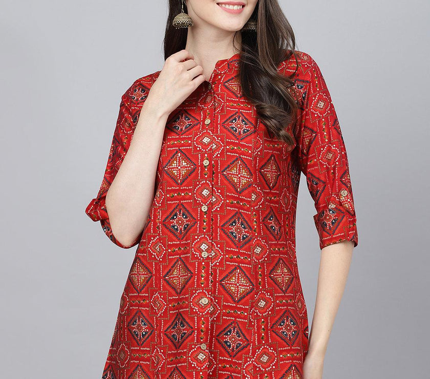 Divena Red Bandhani Printed Modal A-Line Shirts Style Top - divena world