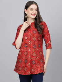 Divena Red Bandhani Printed Modal A-Line Shirts Style Top - divena world