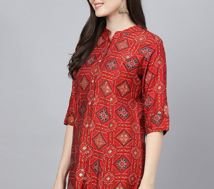 Divena Red Bandhani Printed Modal A-Line Shirts Style Top - divena world