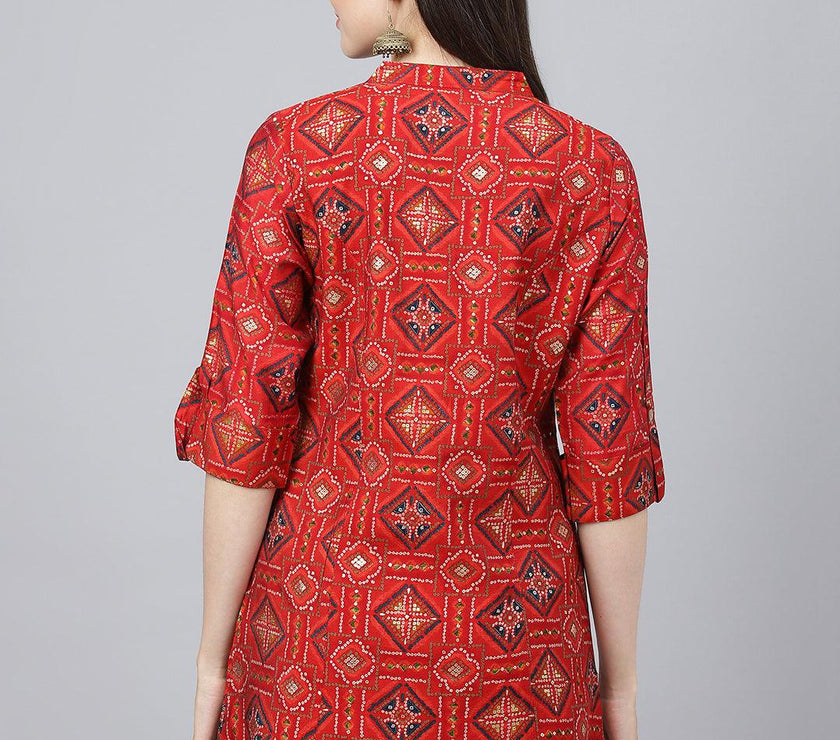 Divena Red Bandhani Printed Modal A-Line Shirts Style Top - divena world