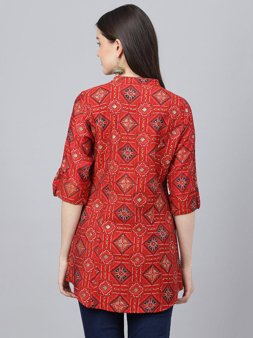 Divena Red Bandhani Printed Modal A-Line Shirts Style Top - divena world