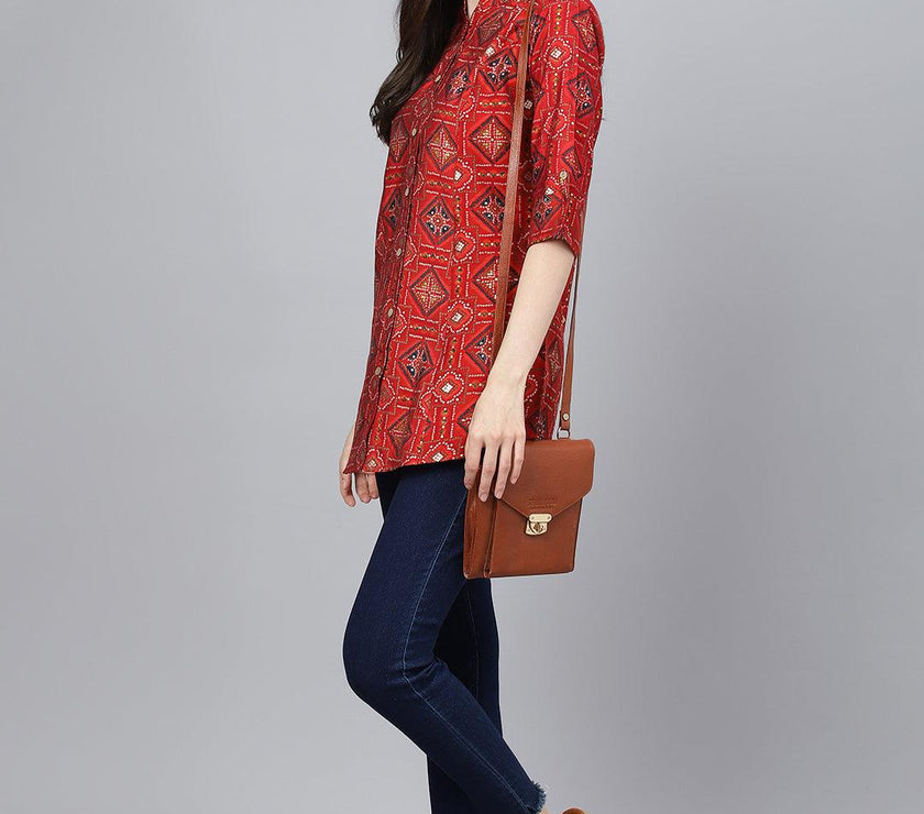 Divena Red Bandhani Printed Modal A-Line Shirts Style Top - divena world