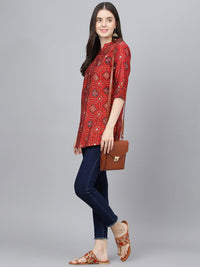 Divena Red Bandhani Printed Modal A-Line Shirts Style Top - divena world