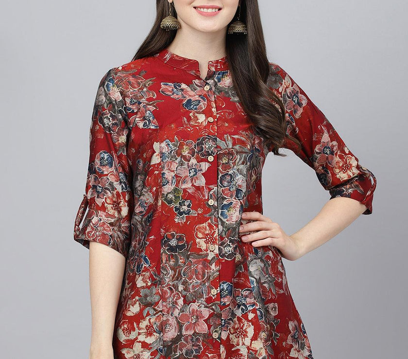 Divena Maroon Floral Printed Modal A-Line Shirts Style Top - divena world