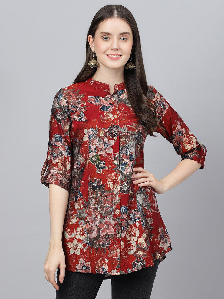 Divena Maroon Floral Printed Modal A-Line Shirts Style Top - divena world