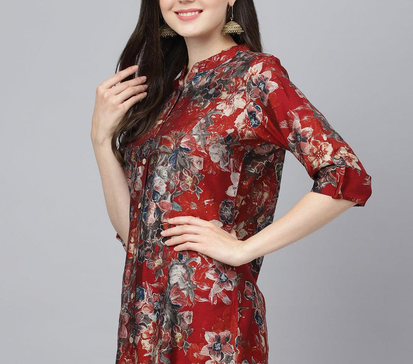 Divena Maroon Floral Printed Modal A-Line Shirts Style Top - divena world