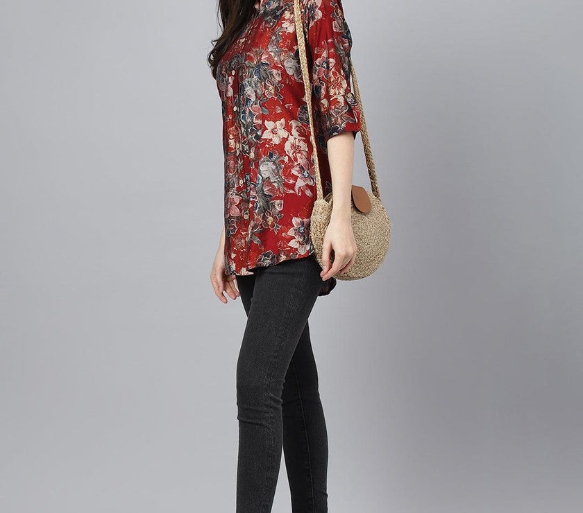 Divena Maroon Floral Printed Modal A-Line Shirts Style Top - divena world