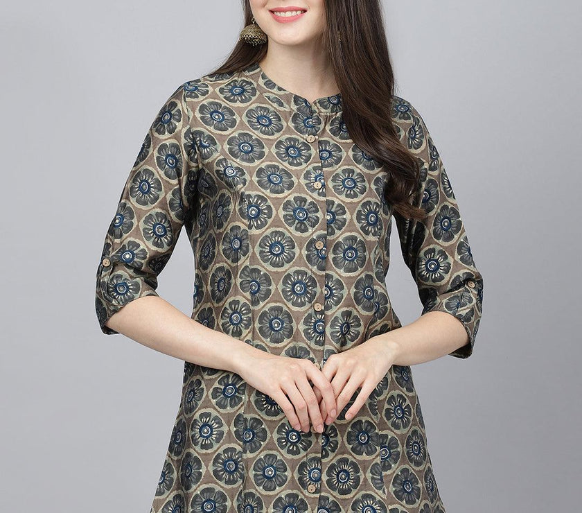 Divena Brown Floral Printed Modal A-Line Shirts Style Top - divena world